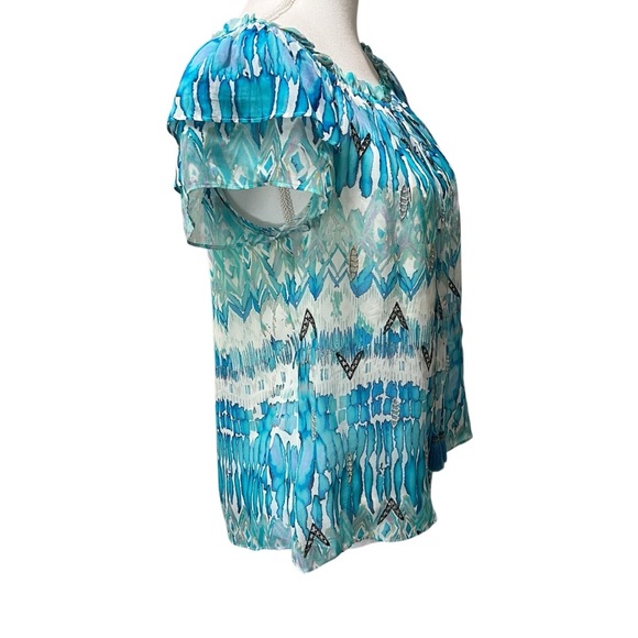 Hale Bob Blue Chiffon Summer Blouse Boho Beachy Coastal Flutter Sleeves M NWT - Picture 3 of 14